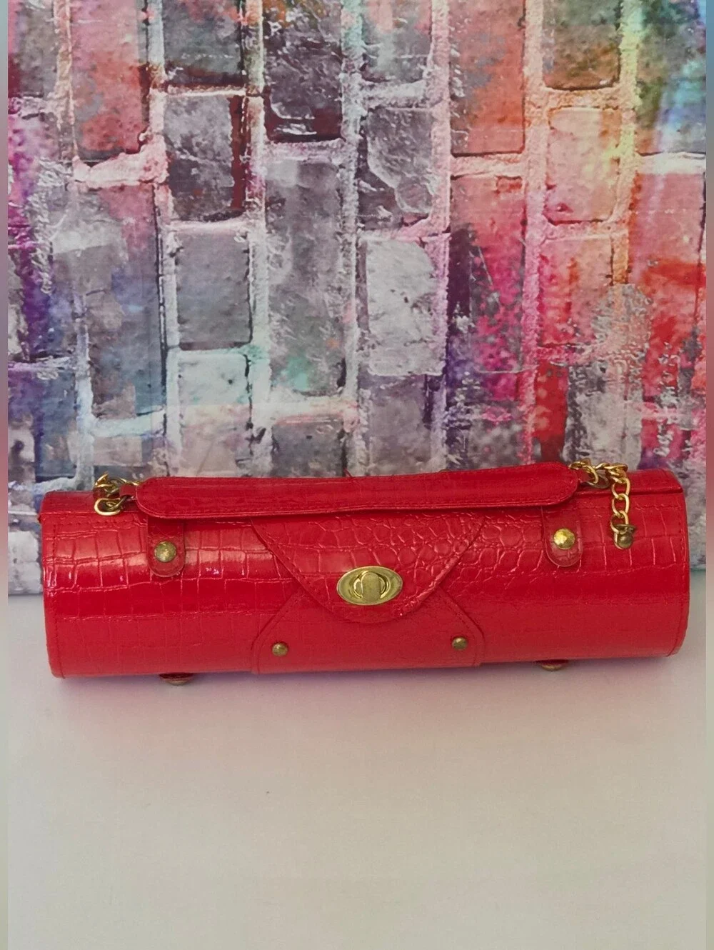 Bottle Carrier Cylinder Bag Croc-Texture W/ Gold Hardware